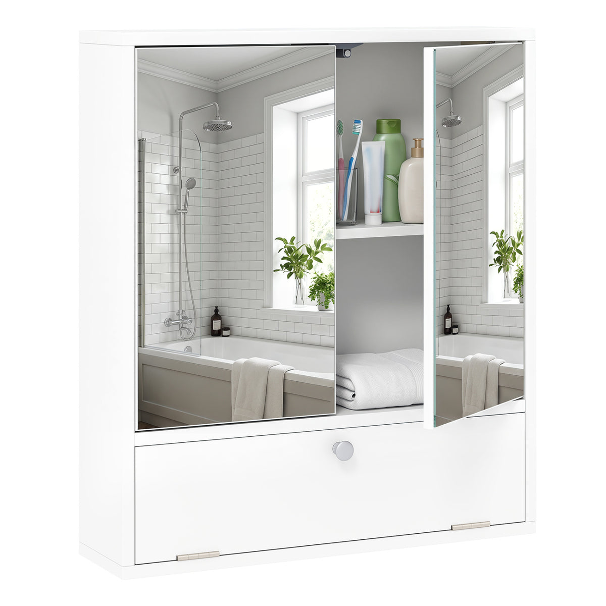 Double Door Wall-Mounted Bathroom Mirrored Medicine Cabinet-White