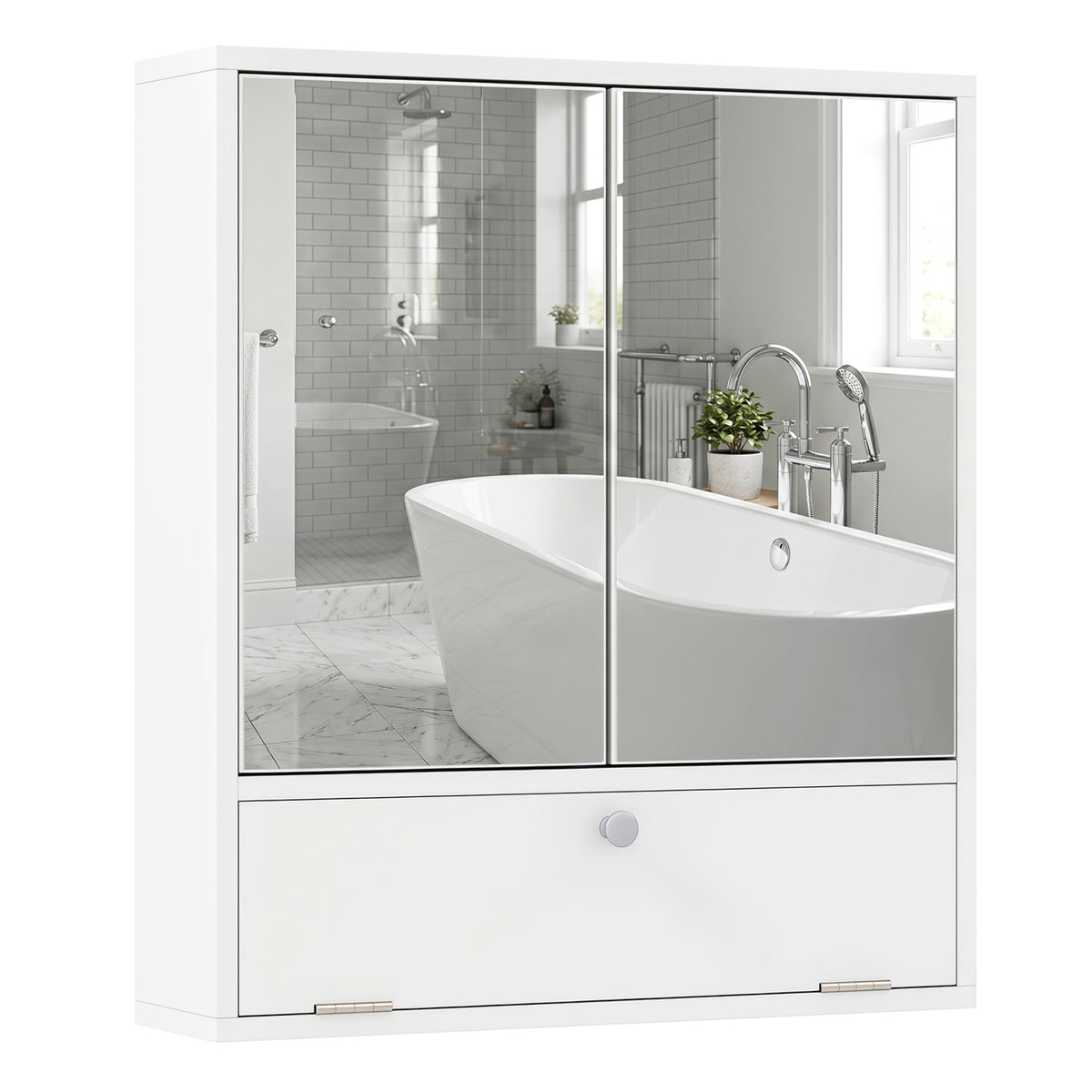 Double Door Wall-Mounted Bathroom Mirrored Medicine Cabinet-White