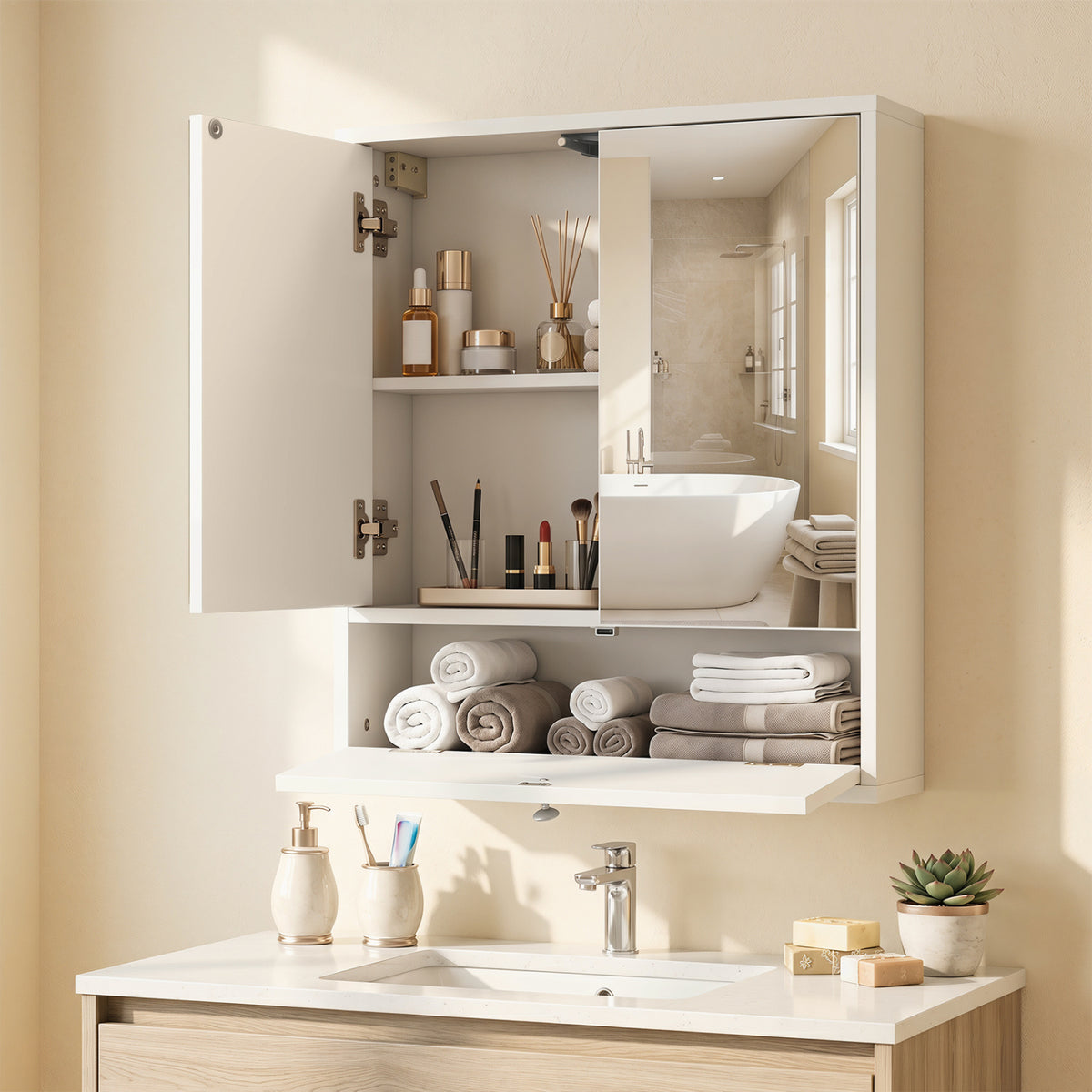 Double Door Wall-Mounted Bathroom Mirrored Medicine Cabinet-White