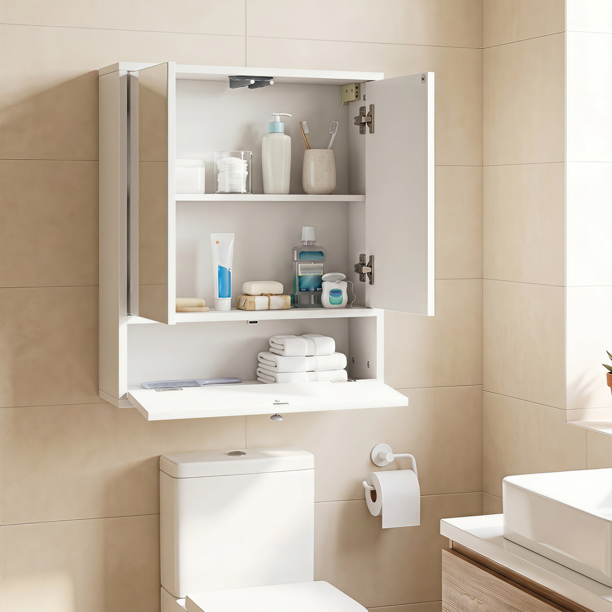 Double Door Wall-Mounted Bathroom Mirrored Medicine Cabinet-White