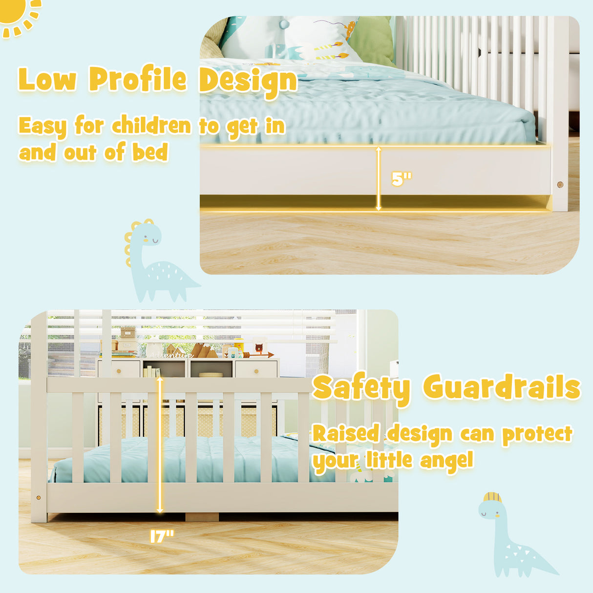 Double Floor Bed for Twins House Beds with Safety Guardrails for 2 Kids-White