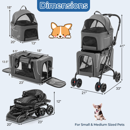 Double Pet Stroller Foldable 3-in-1 Dog Stroller with 2 Detachable Carriers-Gray