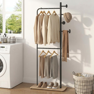 Double Rods Clothes Hanging Rack with Rubber Wood Hooks