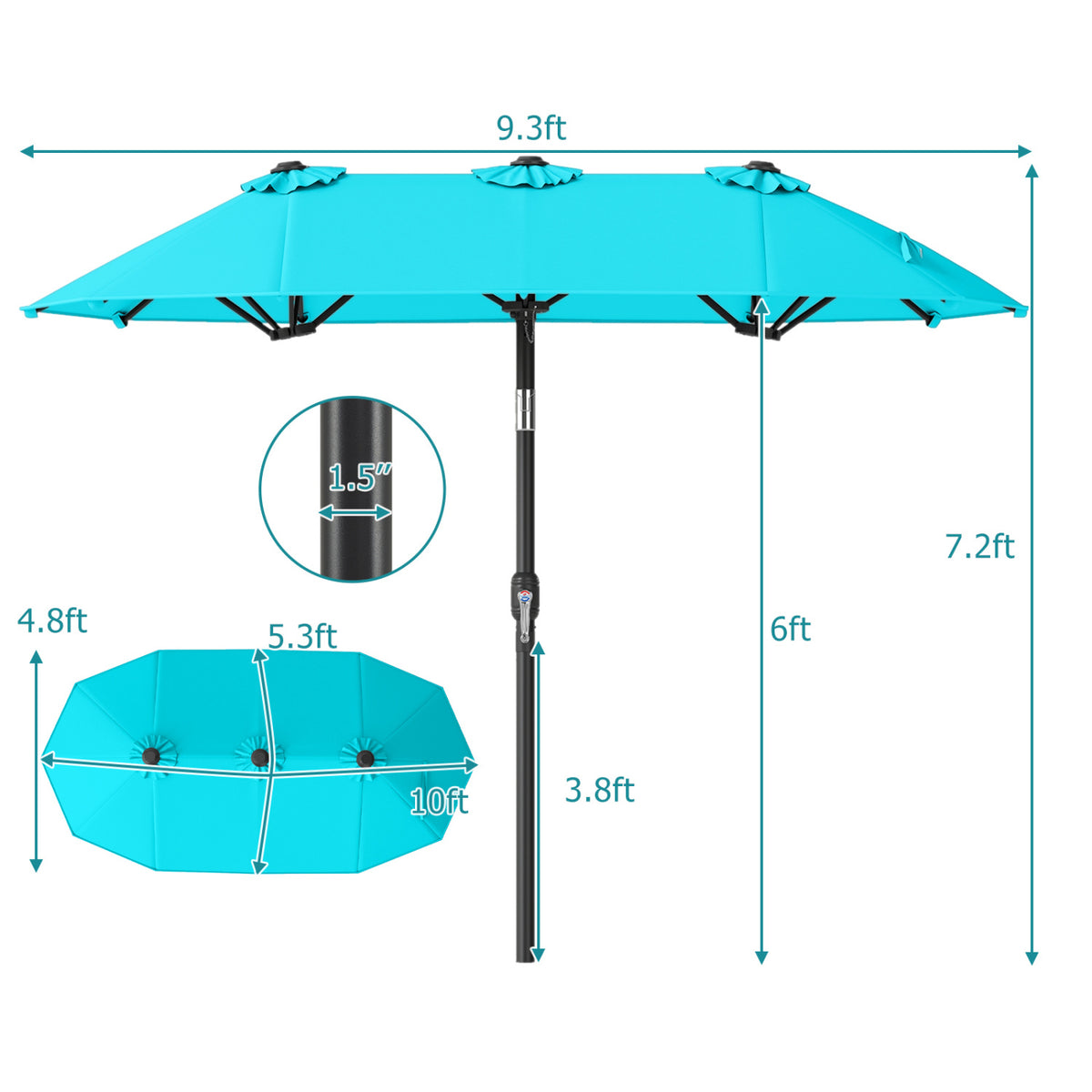 Double-Sided Patio Umbrella with Push Button Tilt Crank Handle-Turquoise