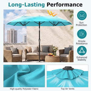 Double-Sided Patio Umbrella with Push Button Tilt Crank Handle-Turquoise