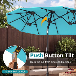 Double-Sided Patio Umbrella with Push Button Tilt Crank Handle-Turquoise
