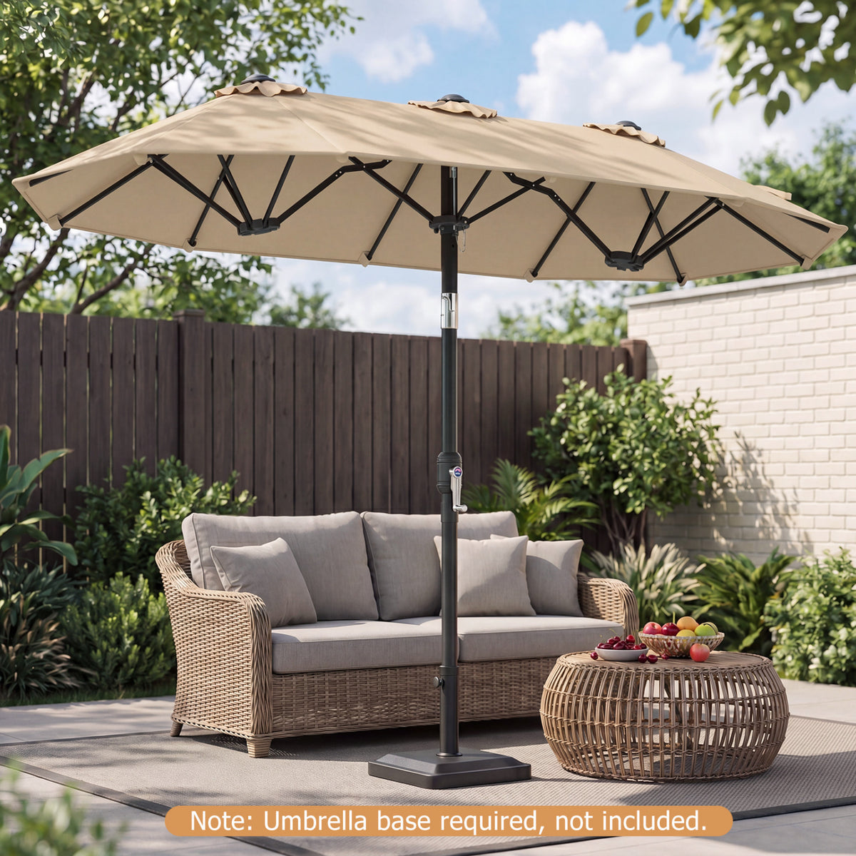 Double-Sided Patio Umbrella with Push Button Tilt Crank Handle-Beige