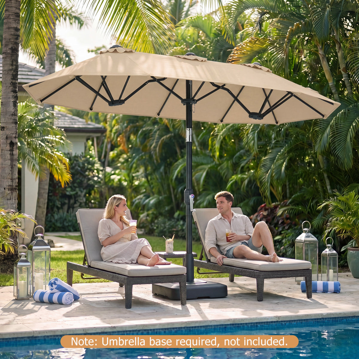 Double-Sided Patio Umbrella with Push Button Tilt Crank Handle-Beige