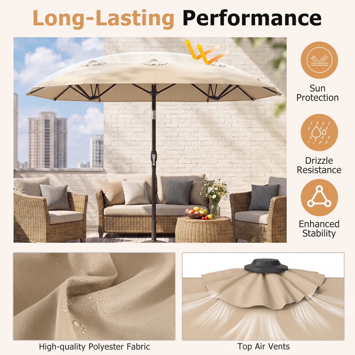 Double-Sided Patio Umbrella with Push Button Tilt Crank Handle-Beige