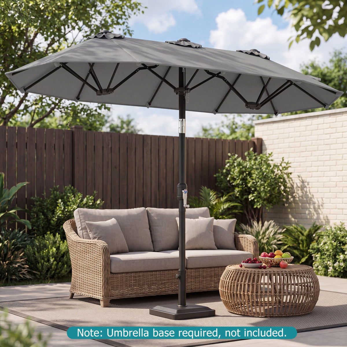 Double-Sided Patio Umbrella with Push Button Tilt Crank Handle-Gray