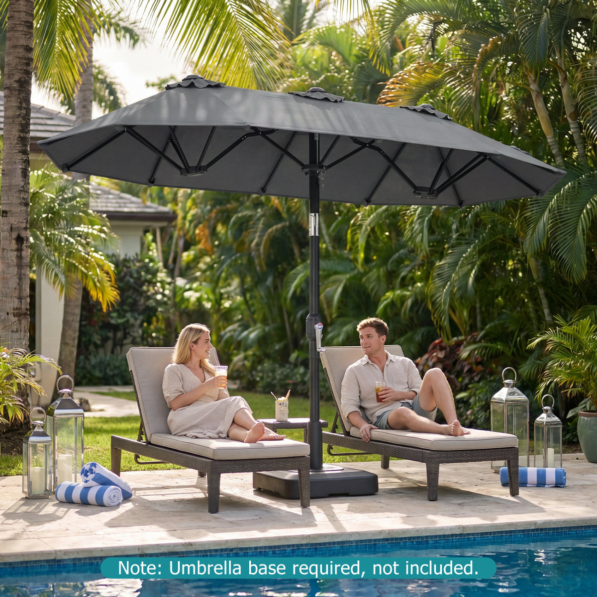 Double-Sided Patio Umbrella with Push Button Tilt Crank Handle-Gray