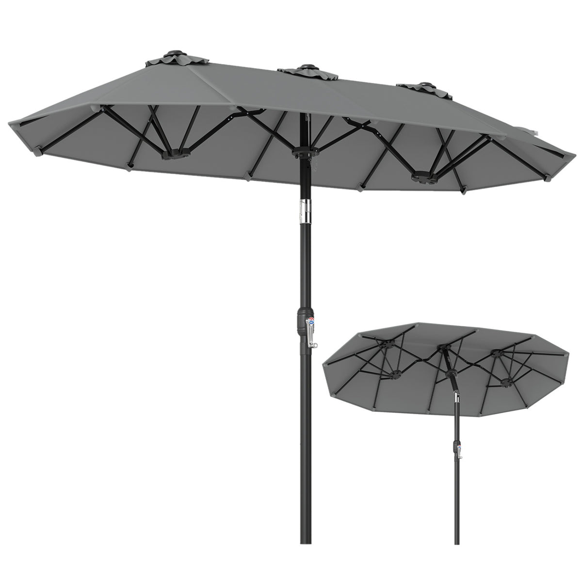 Double-Sided Patio Umbrella with Push Button Tilt Crank Handle-Gray