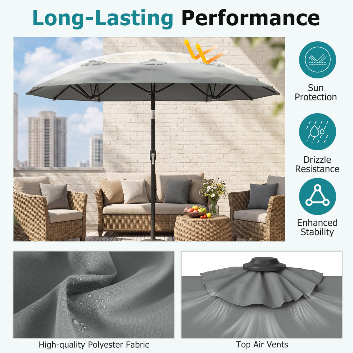 Double-Sided Patio Umbrella with Push Button Tilt Crank Handle-Gray