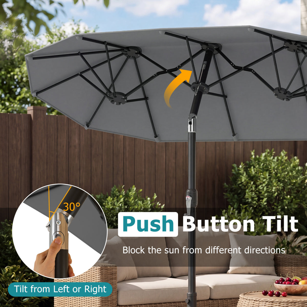 Double-Sided Patio Umbrella with Push Button Tilt Crank Handle-Gray