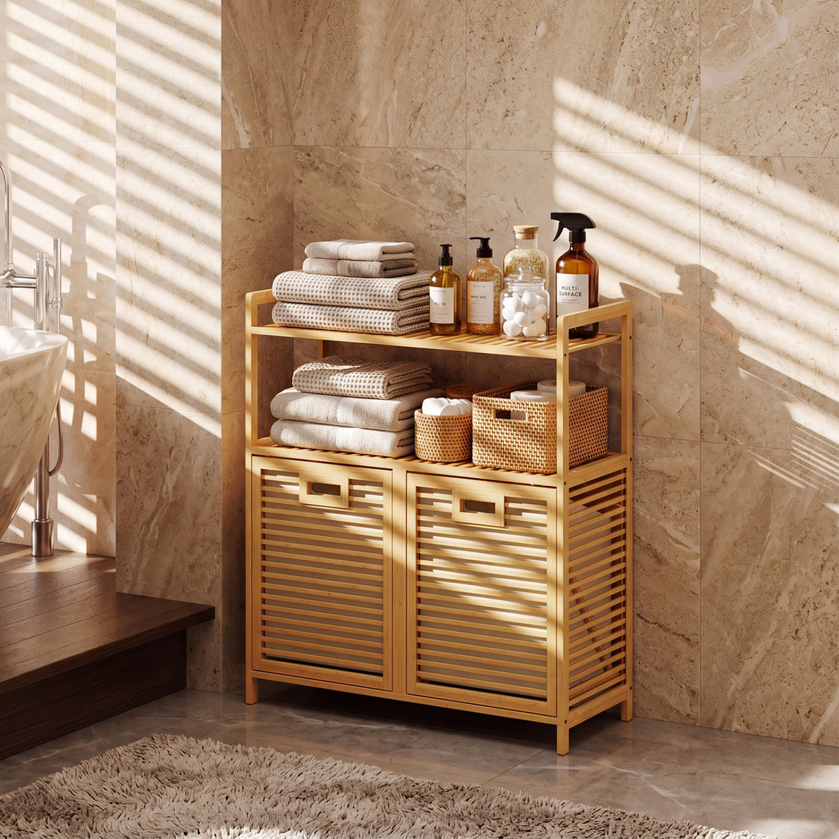 Double Tilt Out Laundry Hamper with 2 Shelves for Dirty Clothes-Natural