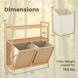 Double Tilt Out Laundry Hamper with 2 Shelves for Dirty Clothes-Natural