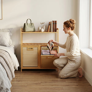 Double Tilt Out Laundry Hamper with 2 Shelves for Dirty Clothes-Natural