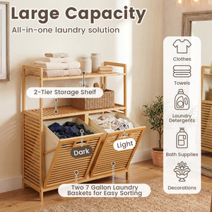 Double Tilt Out Laundry Hamper with 2 Shelves for Dirty Clothes-Natural