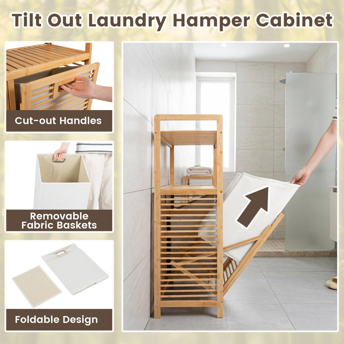 Double Tilt Out Laundry Hamper with 2 Shelves for Dirty Clothes-Natural