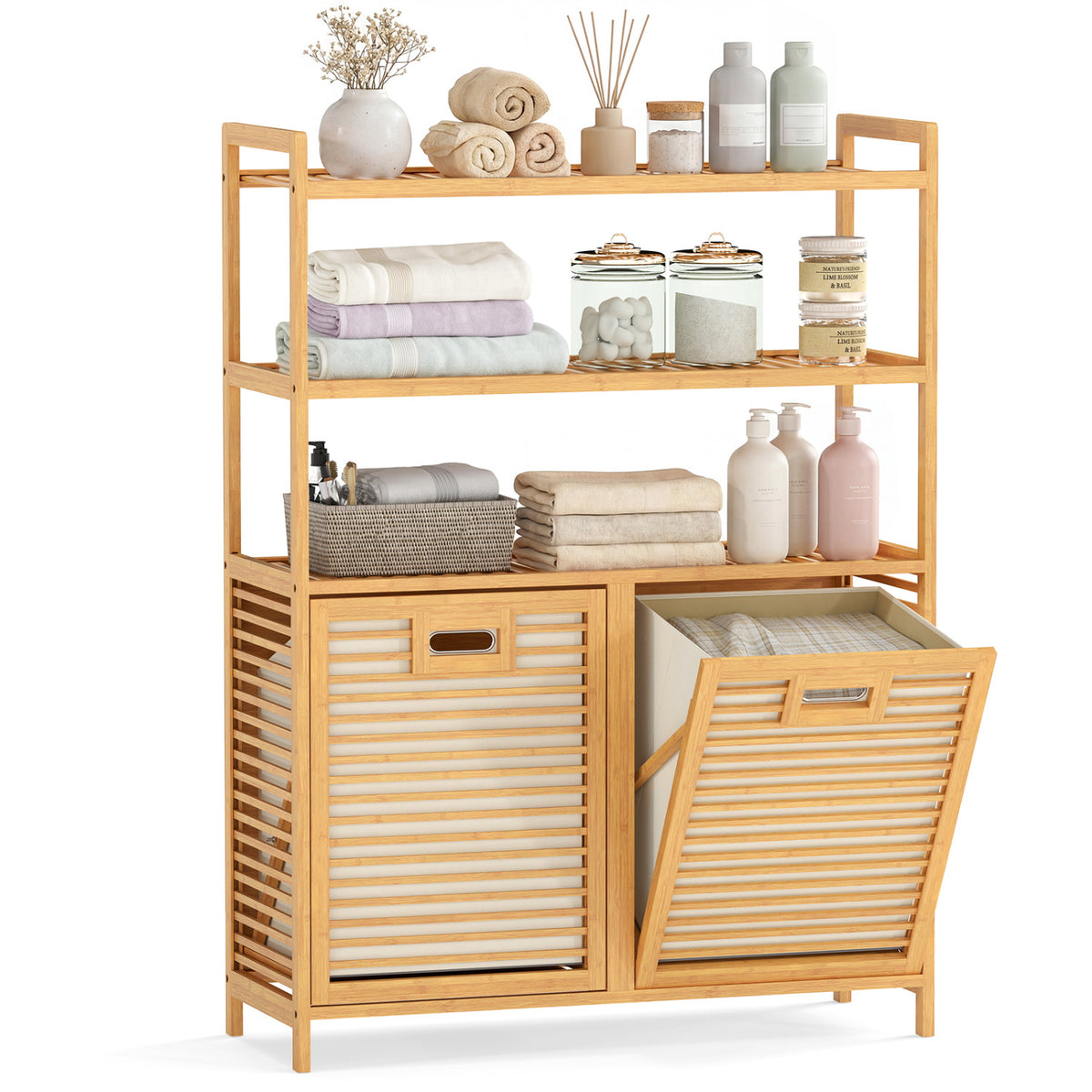 Double Tilt Out Laundry Hamper with 3 Shelves and 2 Removable Baskets for Dirty Clothes-Natural