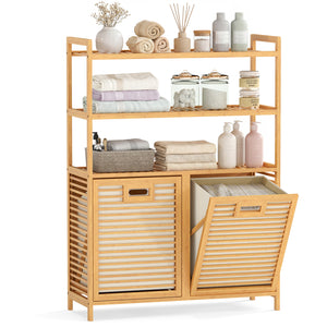Double Tilt Out Laundry Hamper with 3 Shelves and 2 Removable Baskets for Dirty Clothes-Natural