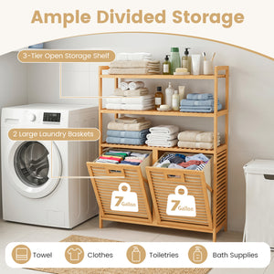 Double Tilt Out Laundry Hamper with 3 Shelves and 2 Removable Baskets for Dirty Clothes-Natural