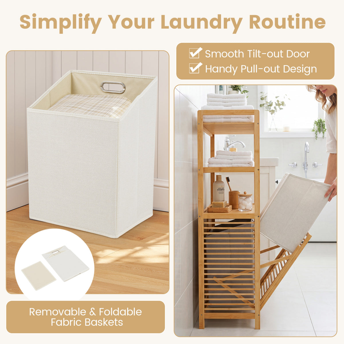 Double Tilt Out Laundry Hamper with 3 Shelves and 2 Removable Baskets for Dirty Clothes-Natural