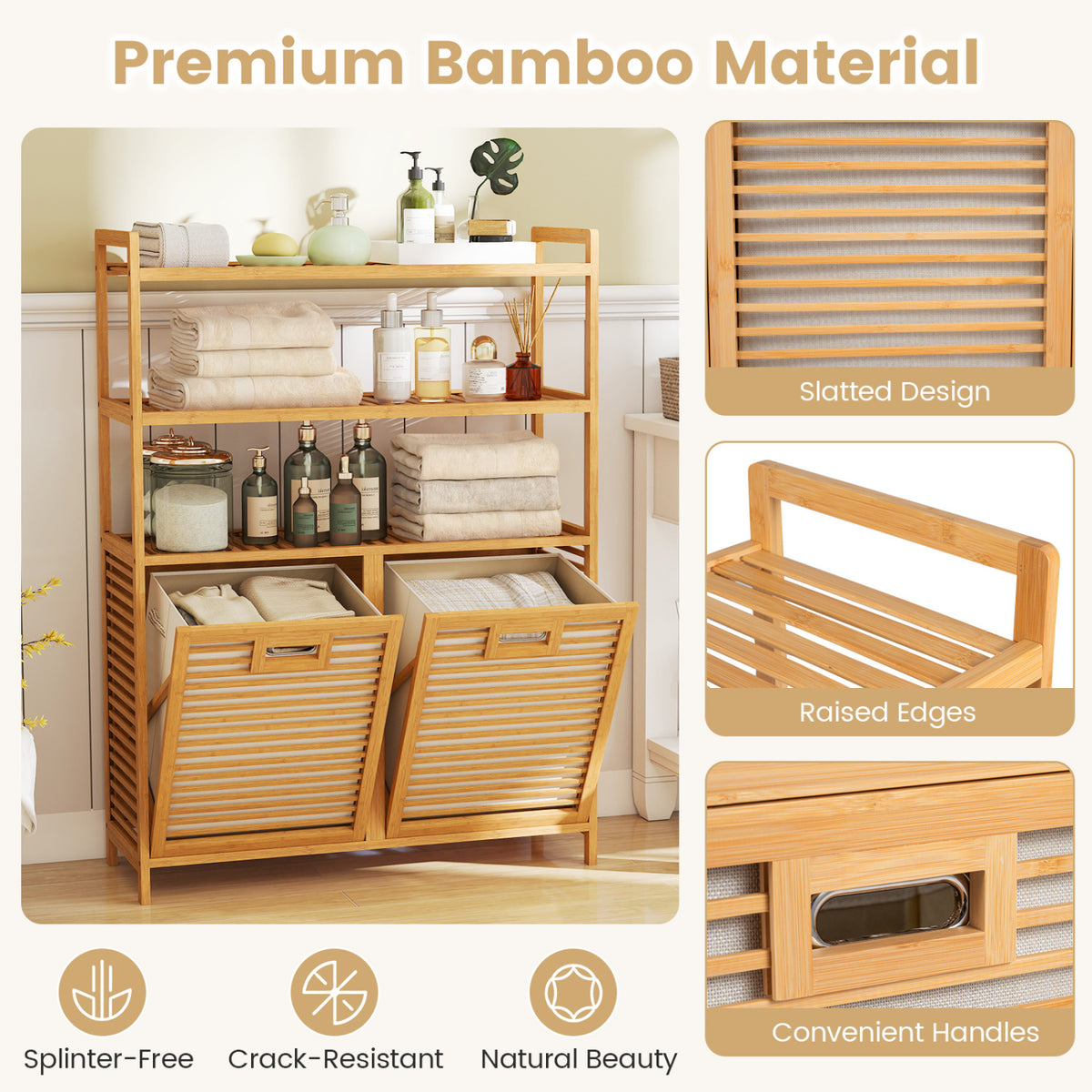 Double Tilt Out Laundry Hamper with 3 Shelves and 2 Removable Baskets for Dirty Clothes-Natural