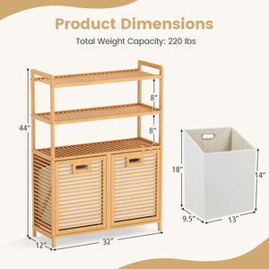 Double Tilt Out Laundry Hamper with 3 Shelves and 2 Removable Baskets for Dirty Clothes-Natural