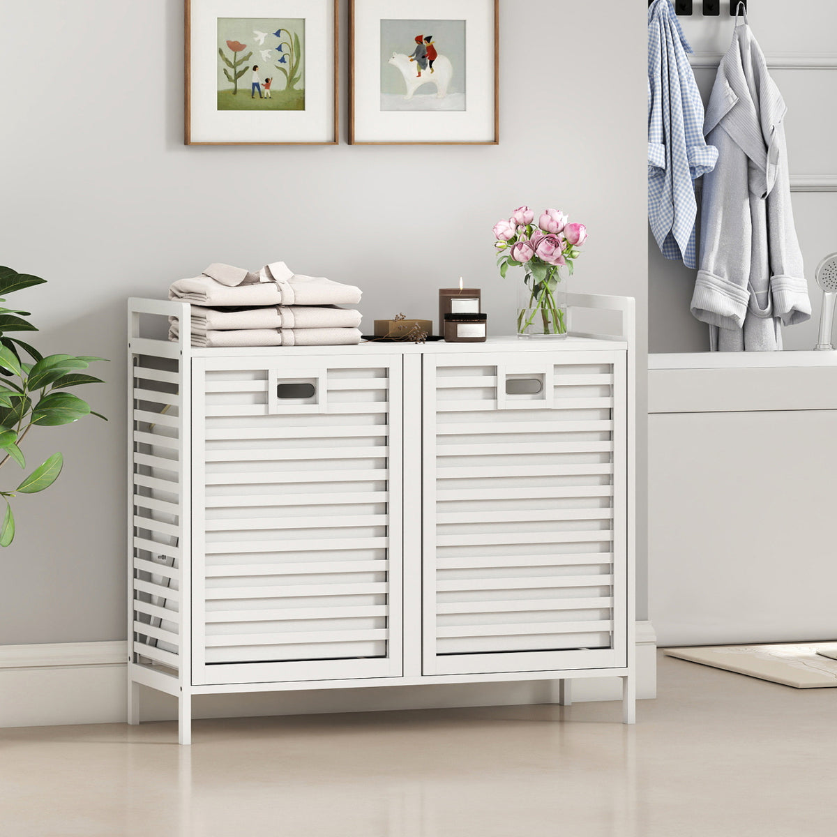 Double Tilt-out Laundry Hamper with 2 Removable Bins-White