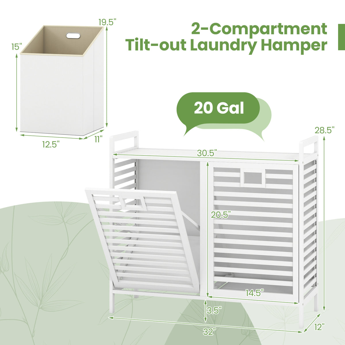 Double Tilt-out Laundry Hamper with 2 Removable Bins-White