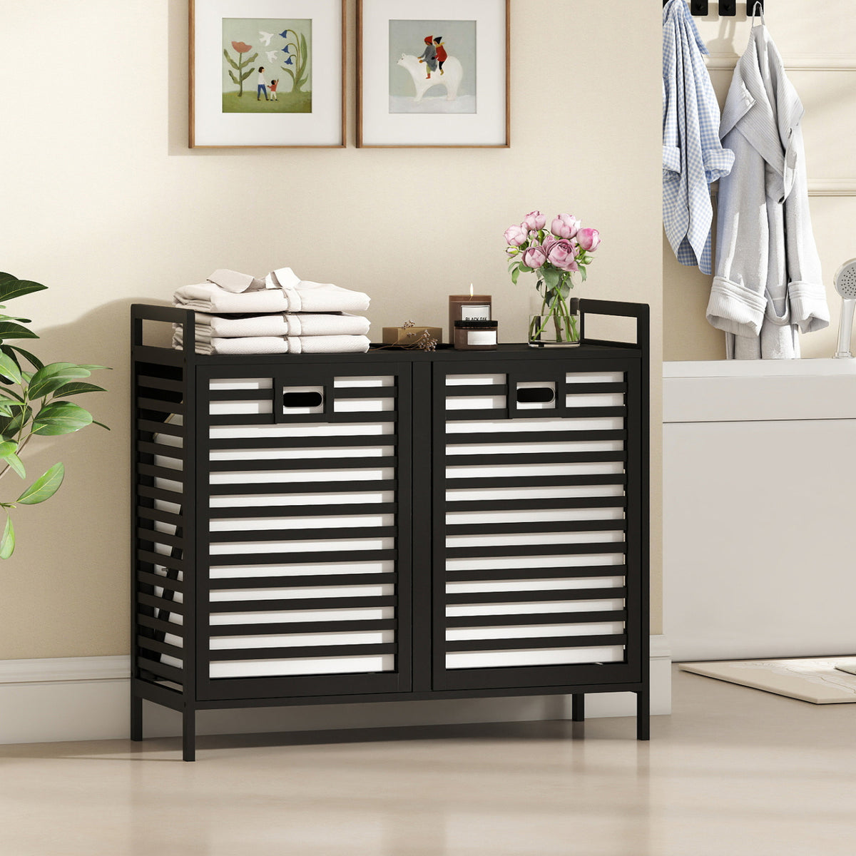 Double Tilt-out Laundry Hamper with 2 Removable Bins-Black