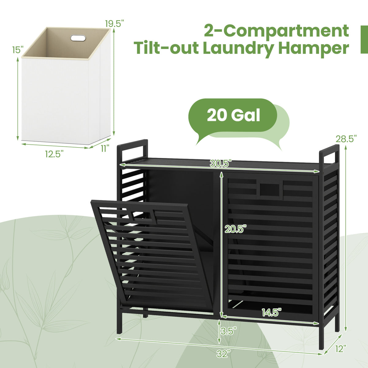 Double Tilt-out Laundry Hamper with 2 Removable Bins-Black