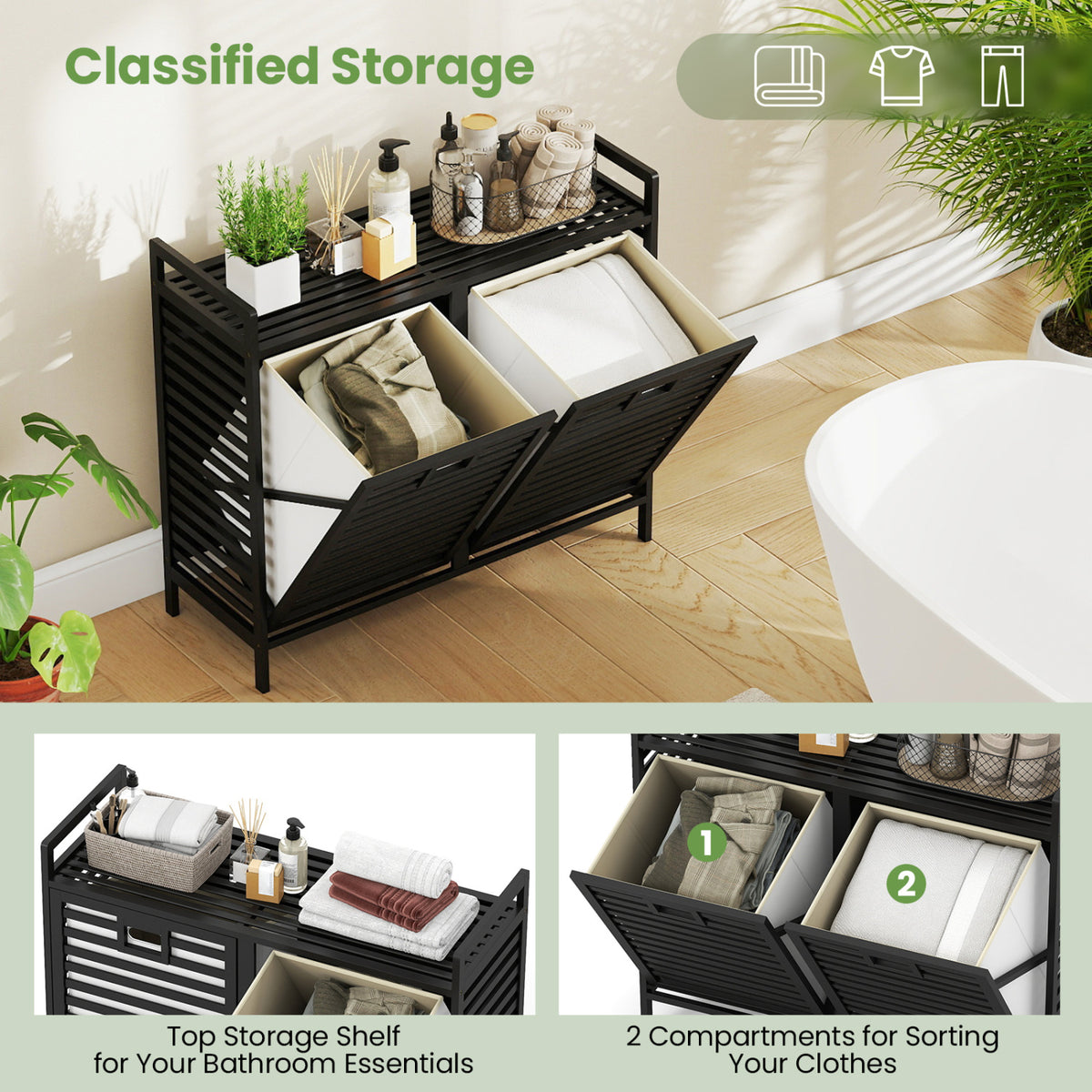 Double Tilt-out Laundry Hamper with 2 Removable Bins-Black
