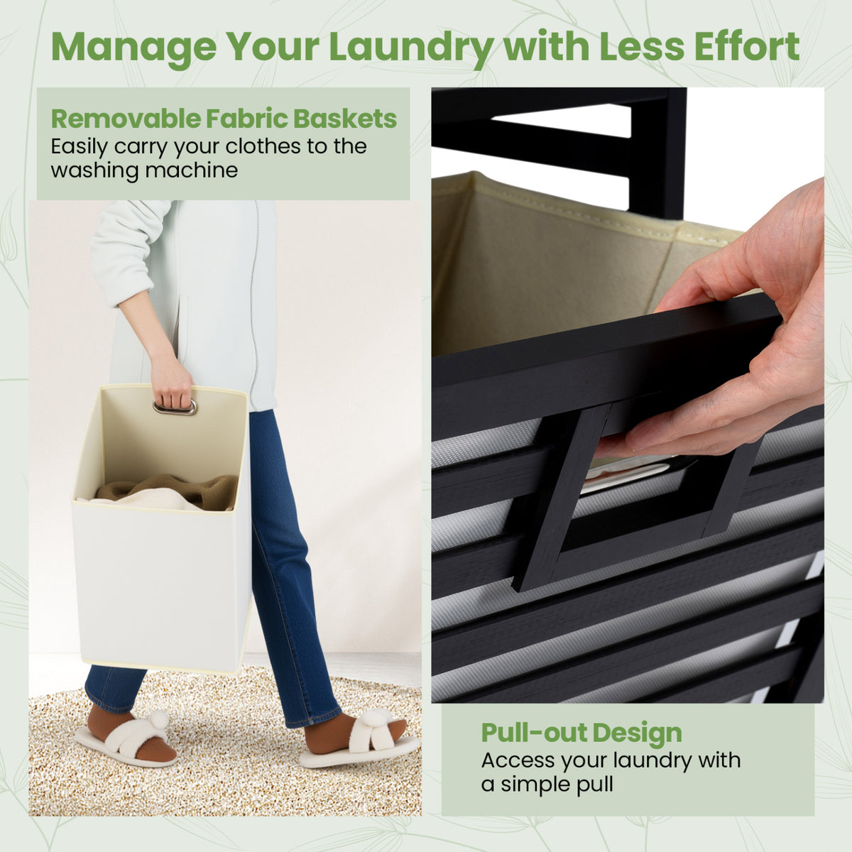 Double Tilt-out Laundry Hamper with 2 Removable Bins-Black