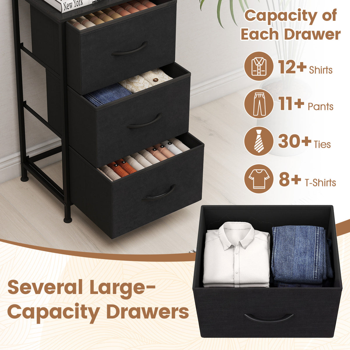 Dresser Nightstand with Roomy Fabric Drawers for Bedroom Storage Cabinet with Metal Frame-Dark Black