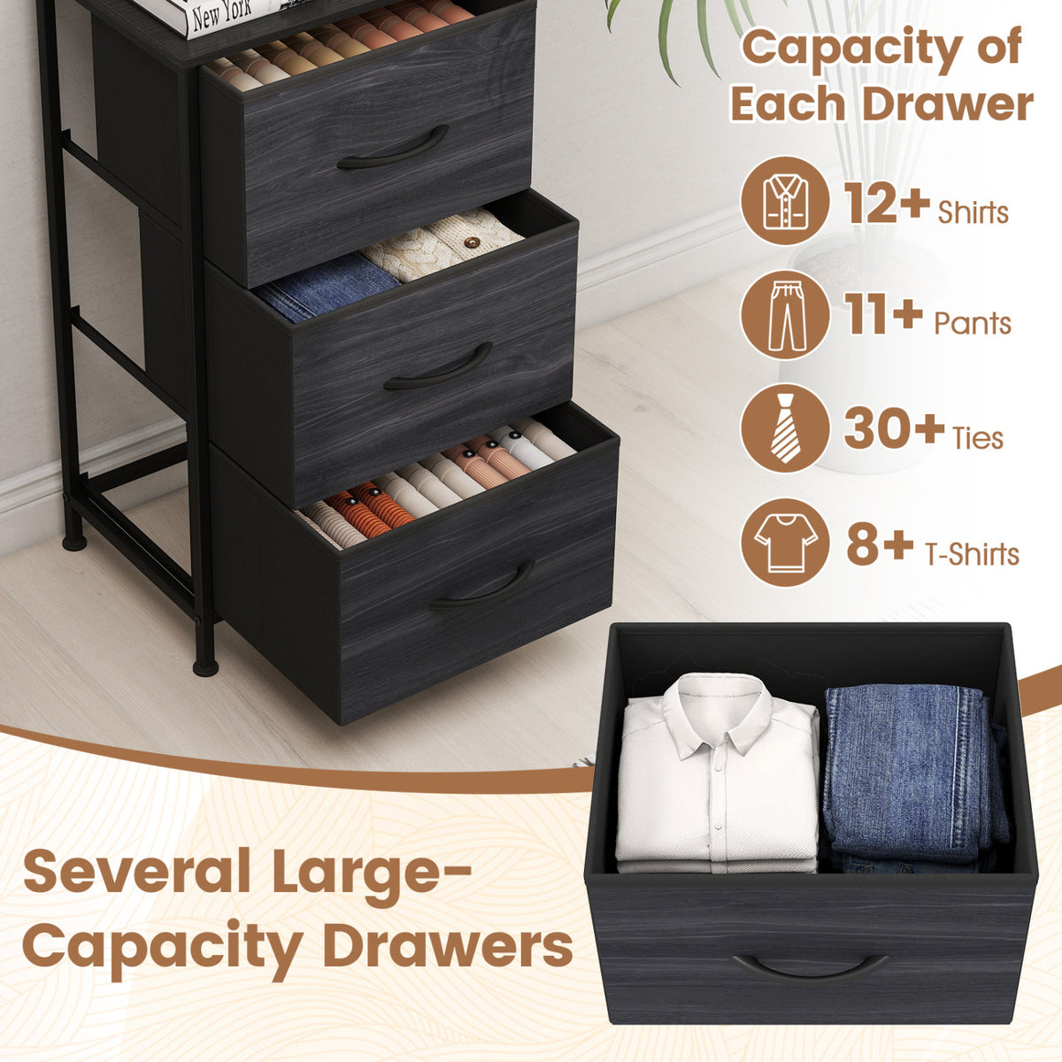 Dresser Nightstand with Roomy Fabric Drawers for Bedroom Storage Cabinet with Metal Frame-Black