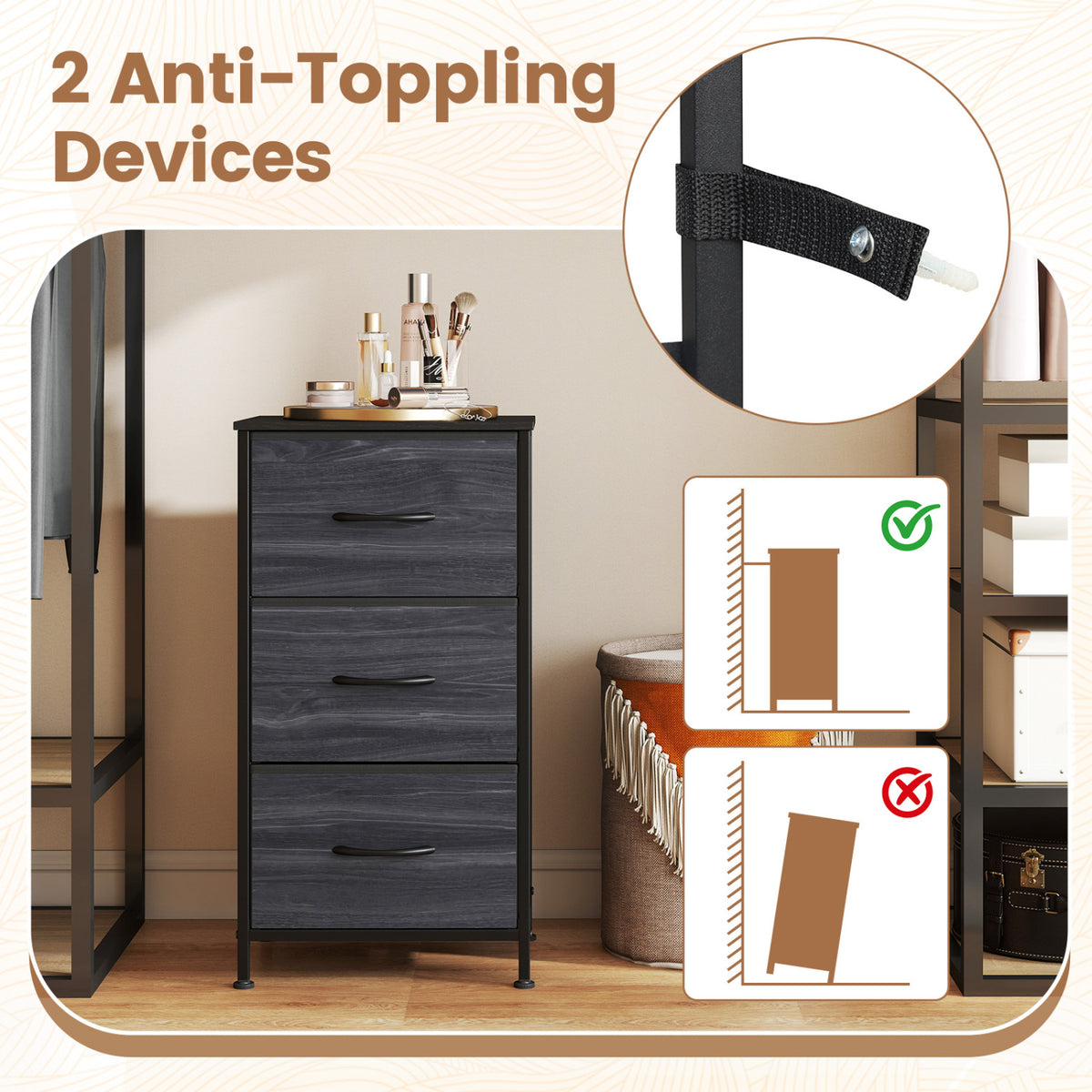 Dresser Nightstand with Roomy Fabric Drawers for Bedroom Storage Cabinet with Metal Frame-Black