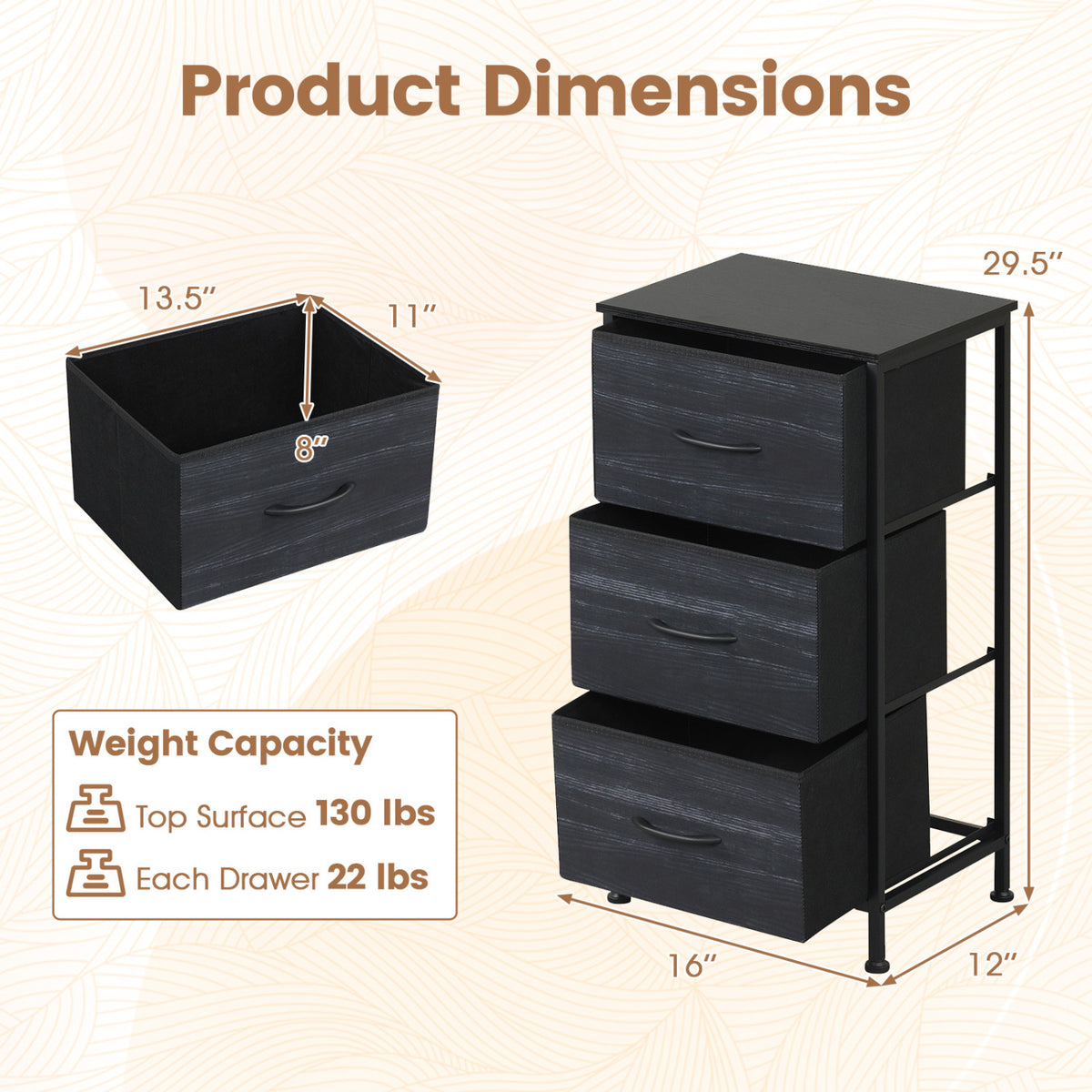 Dresser Nightstand with Roomy Fabric Drawers for Bedroom Storage Cabinet with Metal Frame-Black