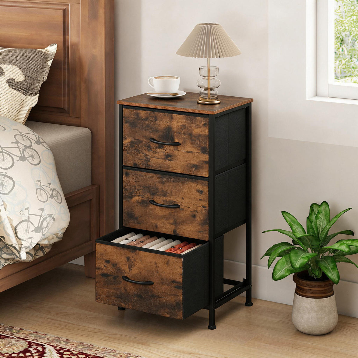 Dresser Nightstand with Roomy Fabric Drawers for Bedroom Storage Cabinet with Metal Frame-Brown