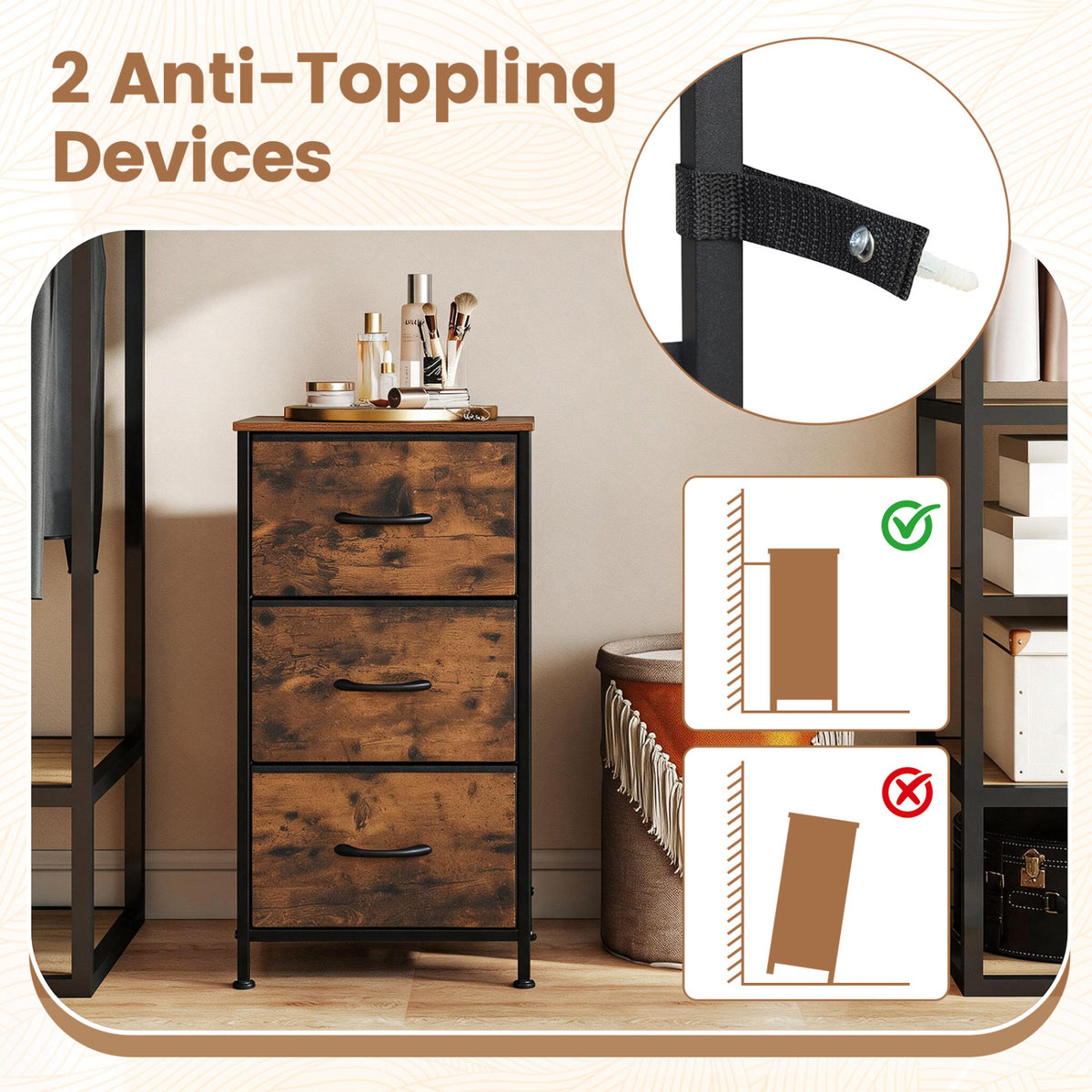 Dresser Nightstand with Roomy Fabric Drawers for Bedroom Storage Cabinet with Metal Frame-Brown