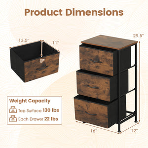 Dresser Nightstand with Roomy Fabric Drawers for Bedroom Storage Cabinet with Metal Frame-Brown