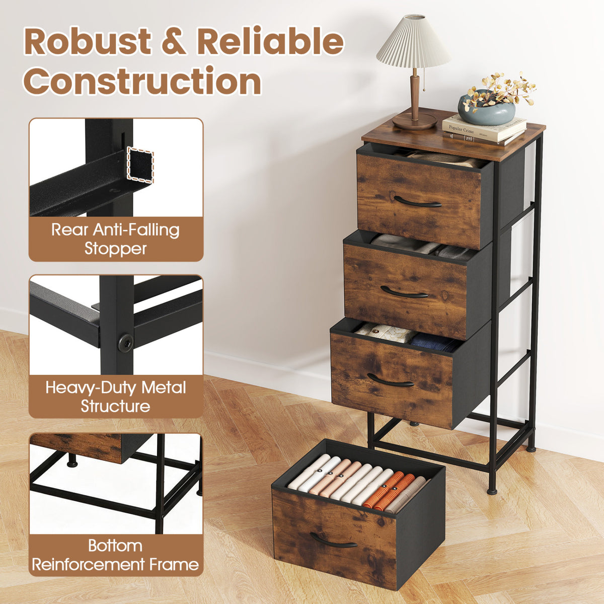 Dresser Nightstand with 4 Roomy Fabric Drawers and Metal Frame-Brown