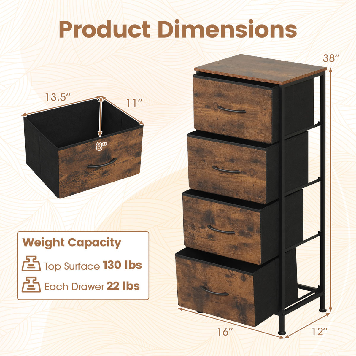 Dresser Nightstand with 4 Roomy Fabric Drawers and Metal Frame-Brown