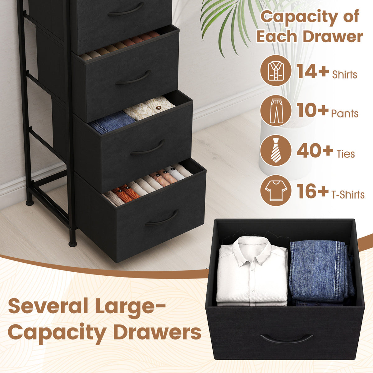 Dresser Nightstand with 4 Roomy Fabric Drawers and Metal Frame-Black