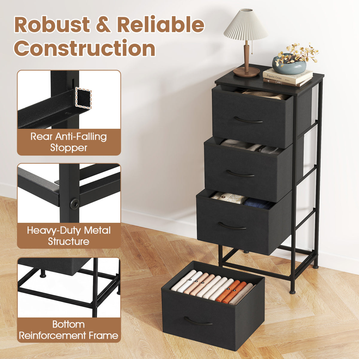 Dresser Nightstand with 4 Roomy Fabric Drawers and Metal Frame-Black