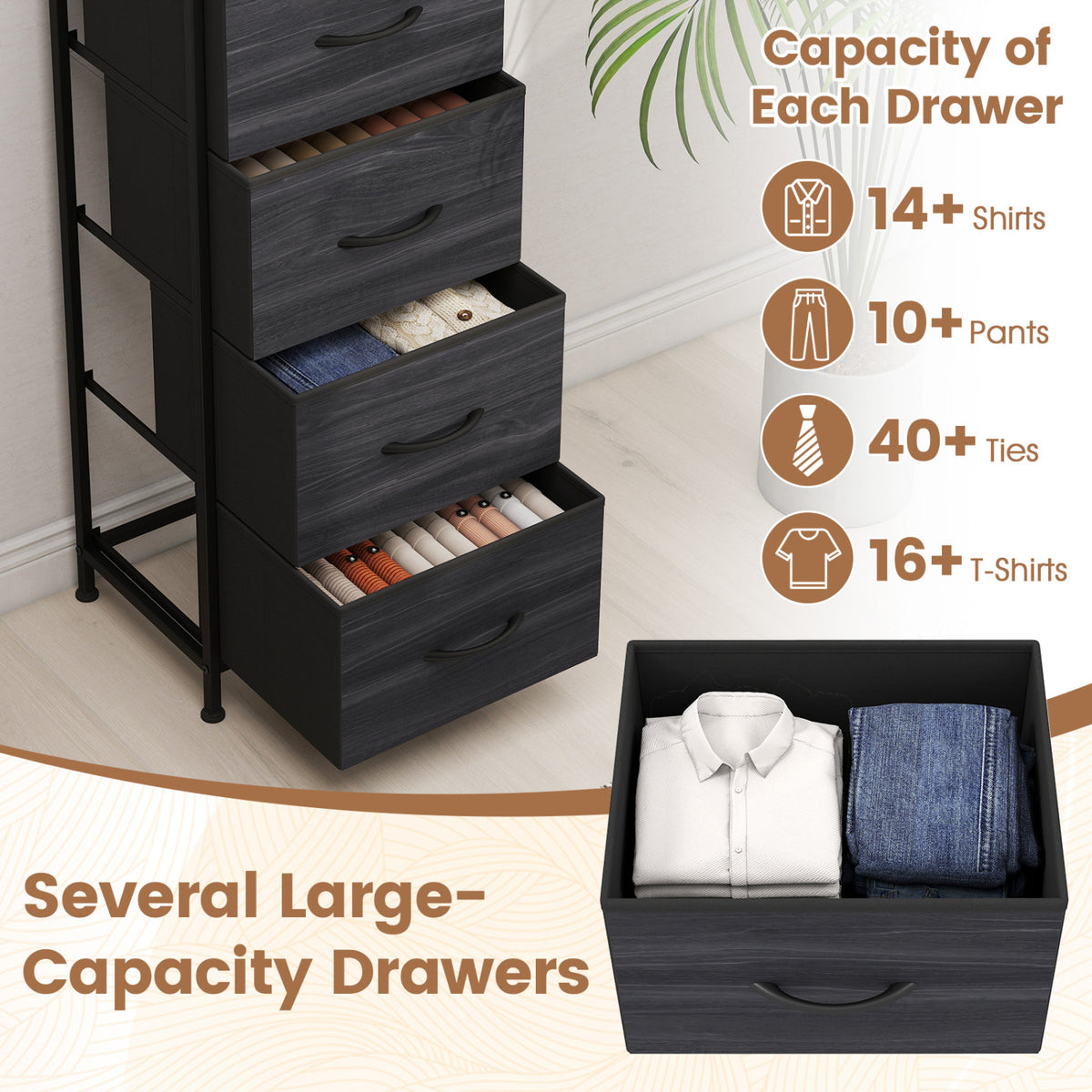 Dresser Nightstand with 4 Roomy Fabric Drawers and Metal Frame-Charcoal Black