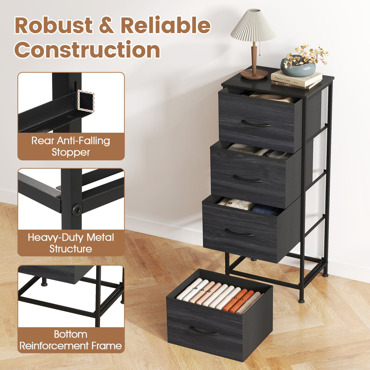 Dresser Nightstand with 4 Roomy Fabric Drawers and Metal Frame-Charcoal Black