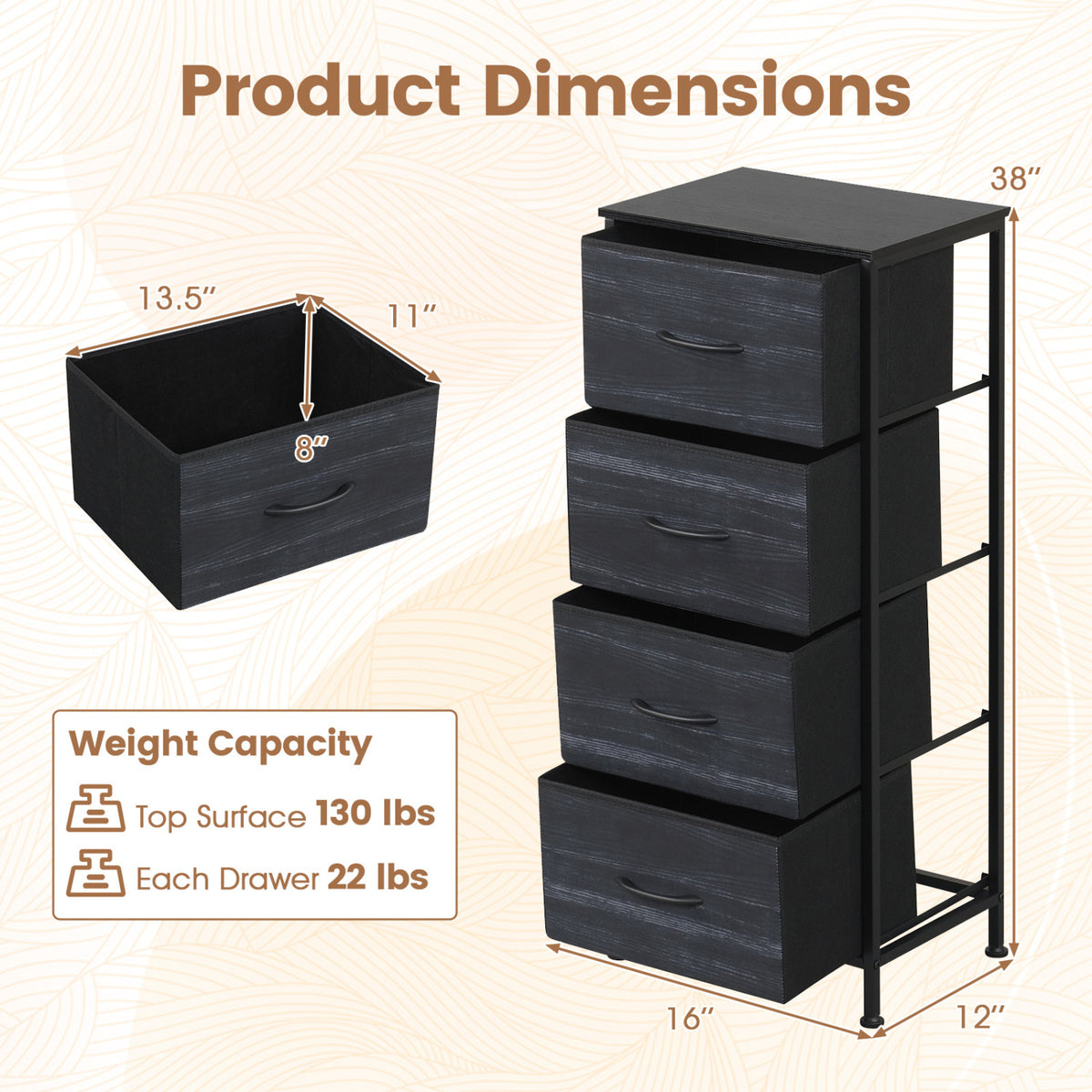 Dresser Nightstand with 4 Roomy Fabric Drawers and Metal Frame-Charcoal Black