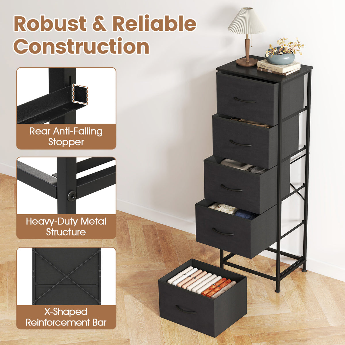 Dresser Nightstand with 5 Roomy Fabric Drawers for Bedroom-Black